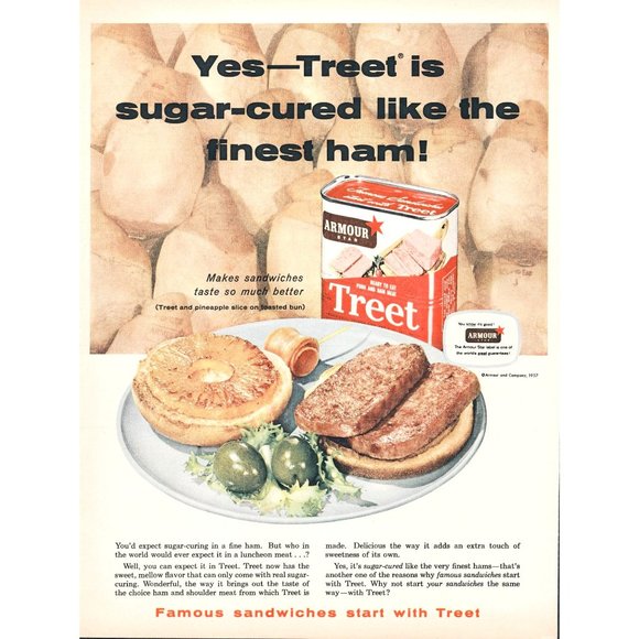 1957 Armour Star Treet Canned Ham Vintage Print Ad Camp Food Lunch Plate 10x13 - Picture 1 of 1